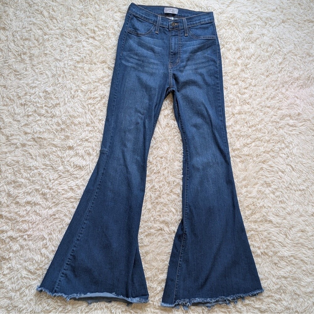 Judy Blue Hi Rise Super Flare Jeans Women's Size 5 27 Med Wash Raw Hem Boho Y2K